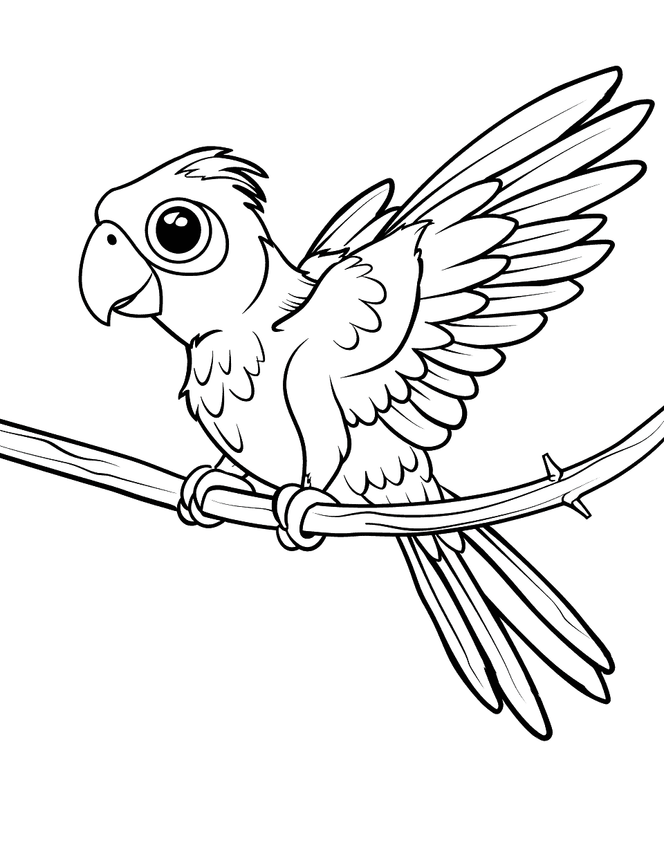 Baby Parrot’s First Flight Parrot Coloring Page - A baby parrot clumsily flapping its wings, attempting to fly.