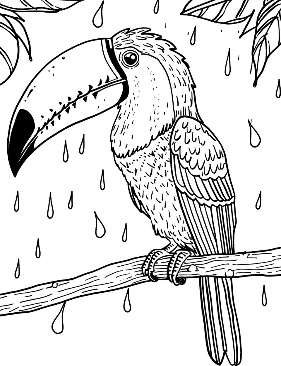 Toucan Bird Watching the Rain Parrot Coloring Page - A toucan perched quietly as simple raindrops fall around it.