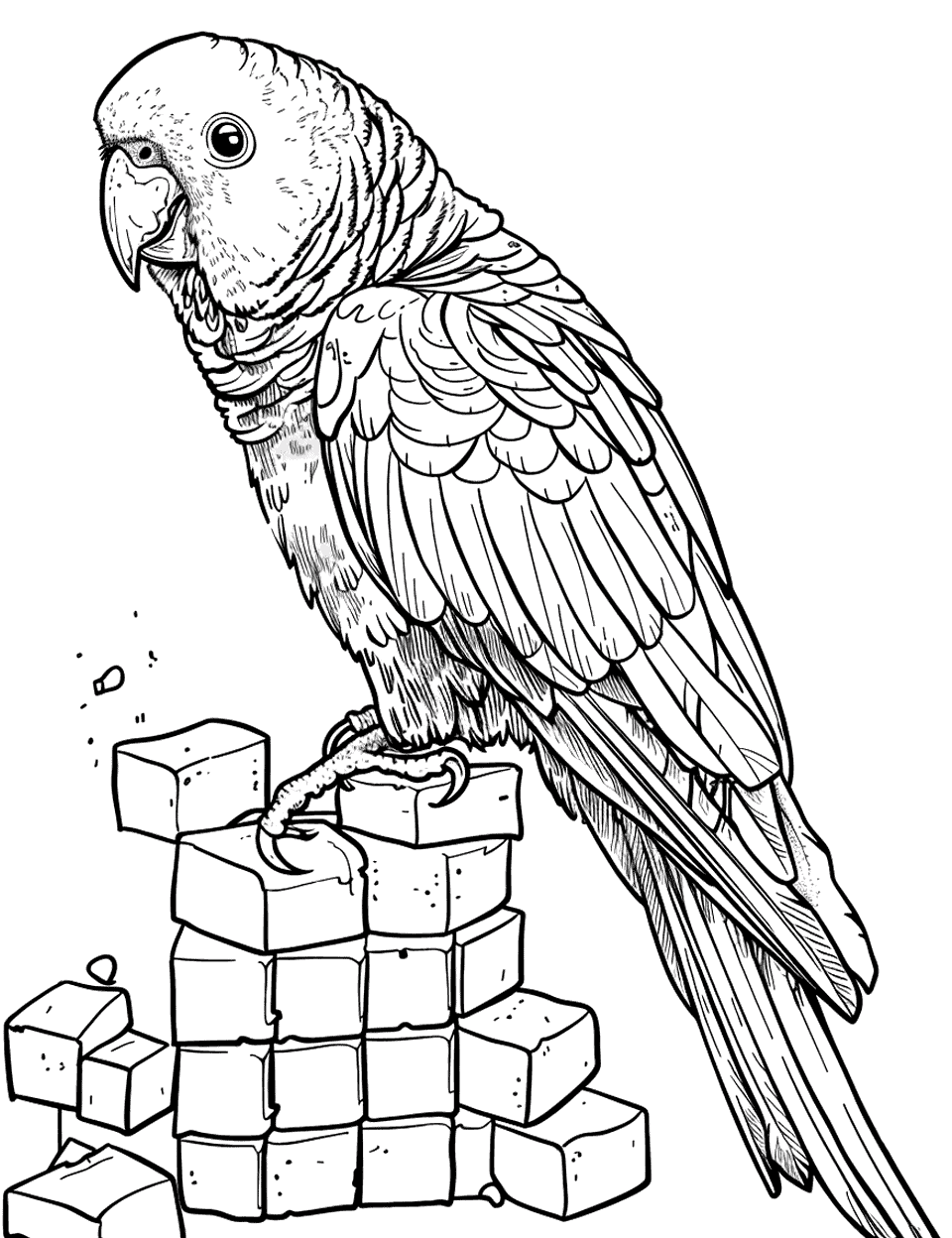 African Grey Solving a Simple Block Puzzle Parrot Coloring Page - An African grey rearranging blocks, engaging in a basic puzzle.