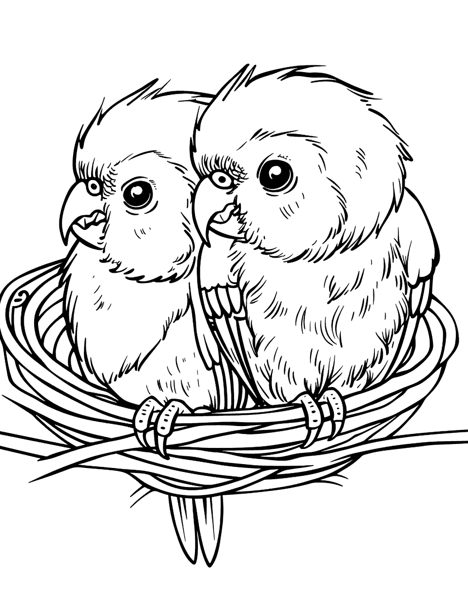 Baby Parrots in a Nest Parrot Coloring Page - Two fluffy baby parrots cuddling together in a cozy nest.