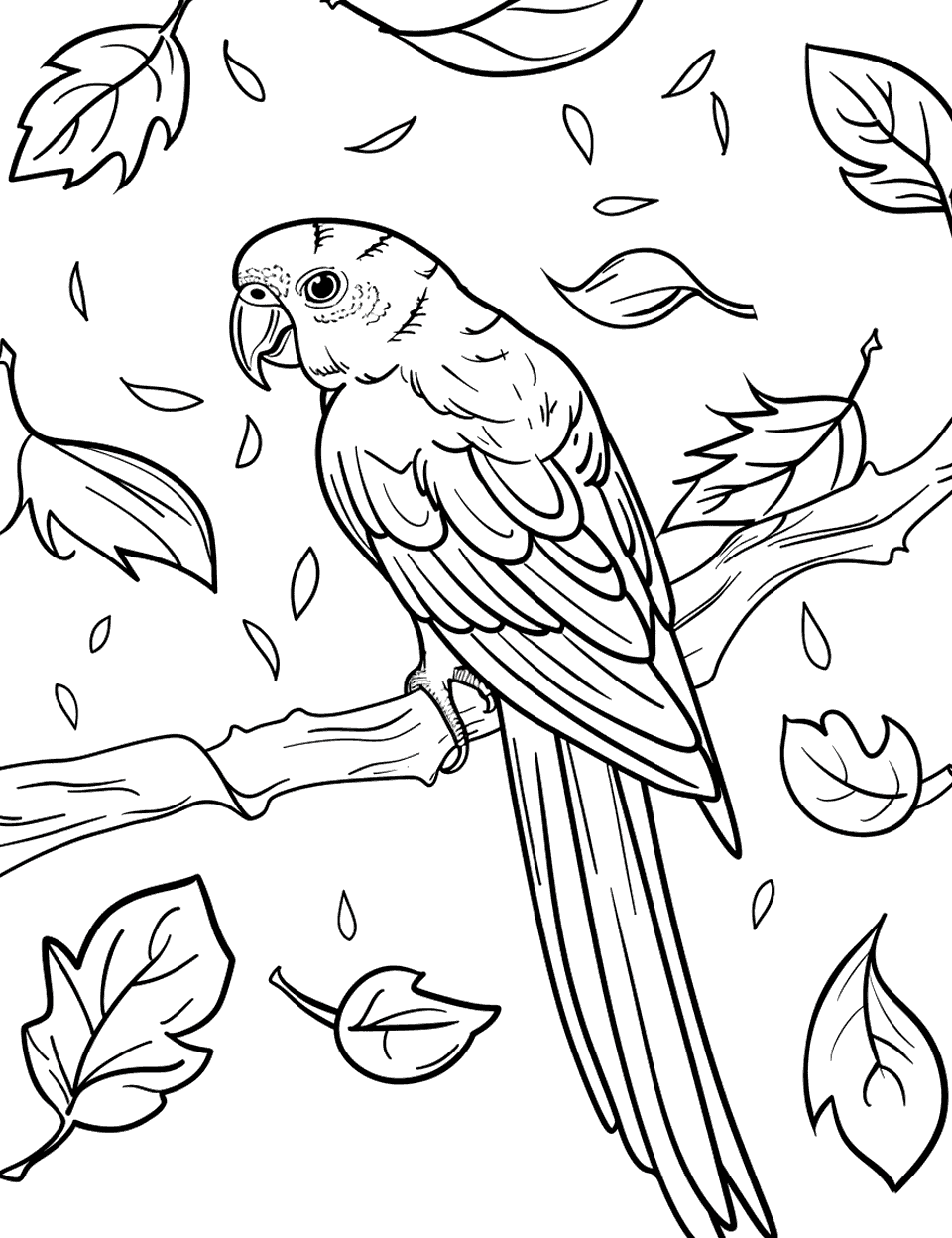 Parakeet and Falling Leaves Parrot Coloring Page - A parakeet watching leaves fall around it, capturing the essence of autumn.