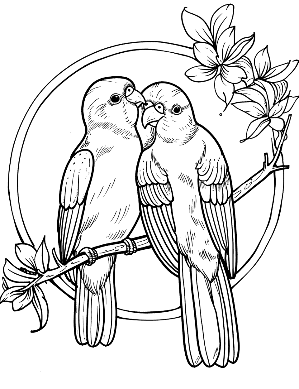 Love Birds in a Simple Wreath Parrot Coloring Page - Two love birds nestled together inside a circular wreath.