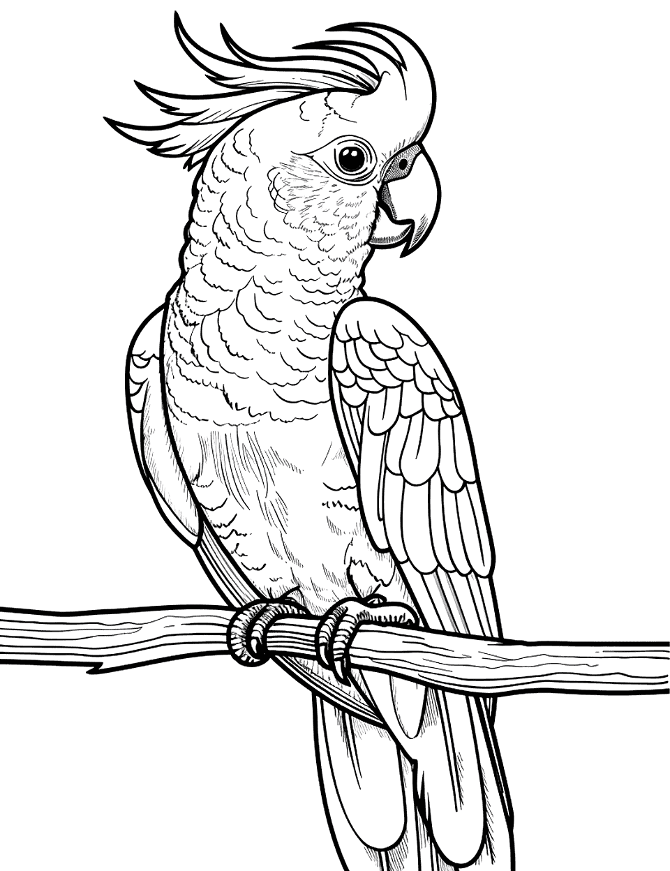 Cockatoo Crest Display Parrot Coloring Page - A cockatoo with its crest fully raised, standing on a basic perch.