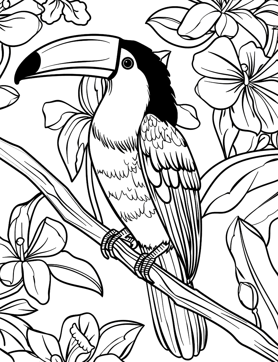 Toucan Bird Among Flowers Parrot Coloring Page - A colorful toucan bird perched beside vibrant simple flowers.