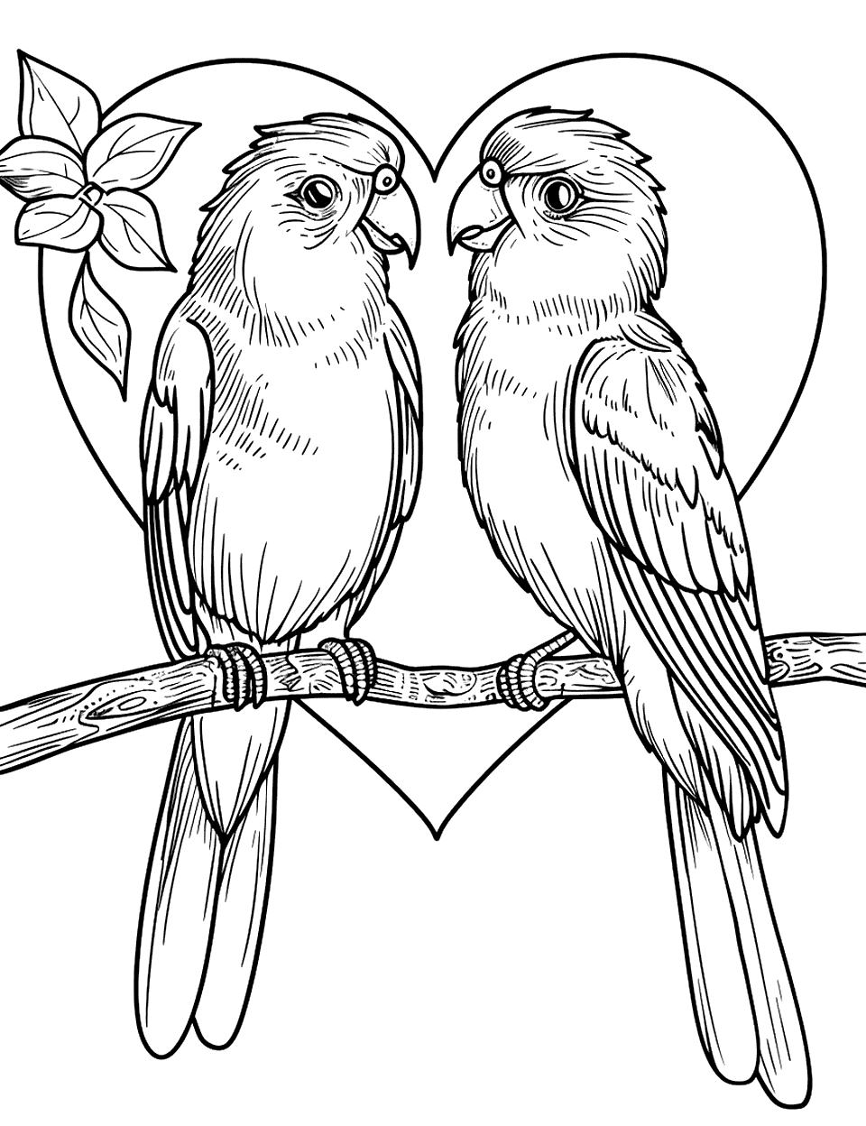 Love Birds in a Heart Shape Parrot Coloring Page - Two love birds forming a heart shape with their bodies as they perch close together on a branch.