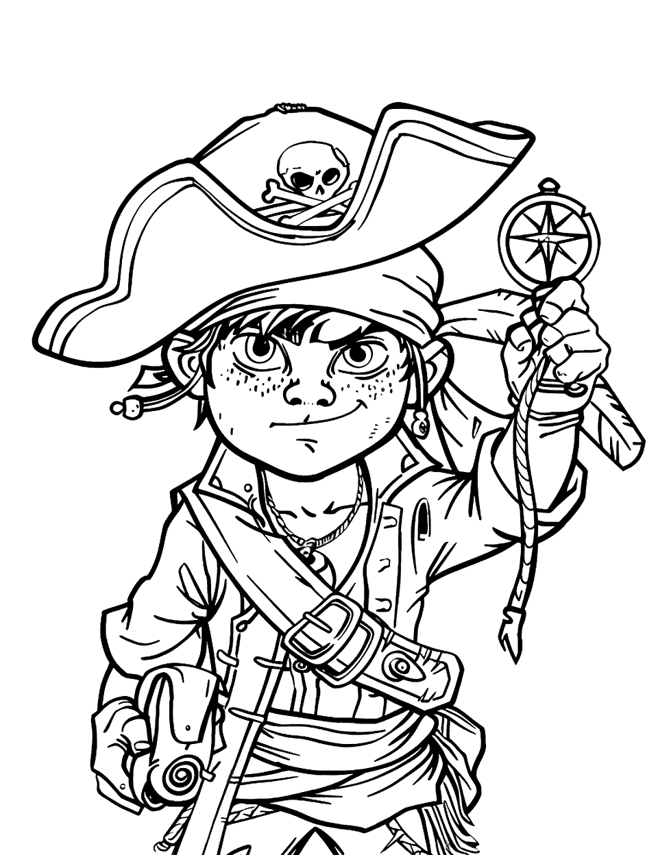Boy Pirate and His Compass Coloring Page - A young pirate boy holding a compass.