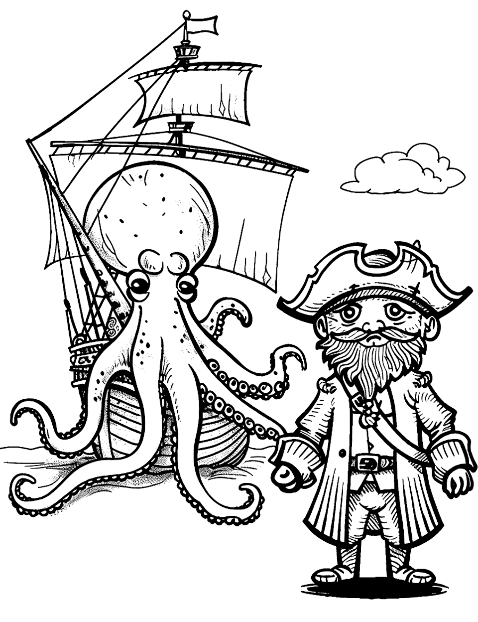 Pirate and the Giant Octopus Coloring Page - A pirate standing near his ship after a giant octopus has taken over it.