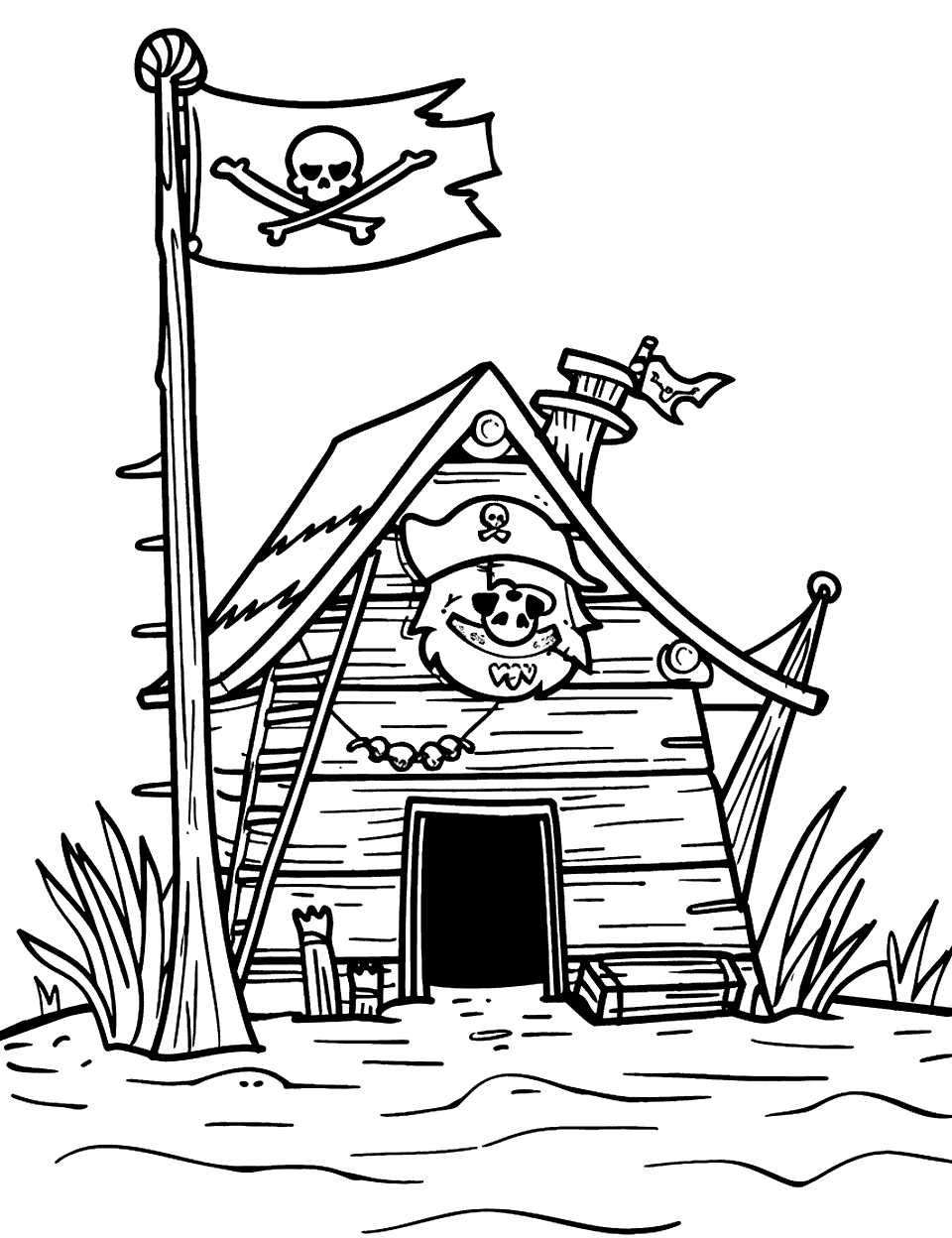 Castaway Pirate’s Shelter Pirate Coloring Page - A makeshift shelter on a deserted island, with a pirate flag.