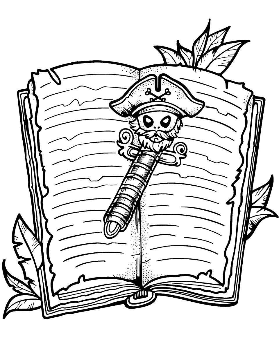 Pirate Captain’s Log Coloring Page - An open pirate captain’s log book with a unique pen.
