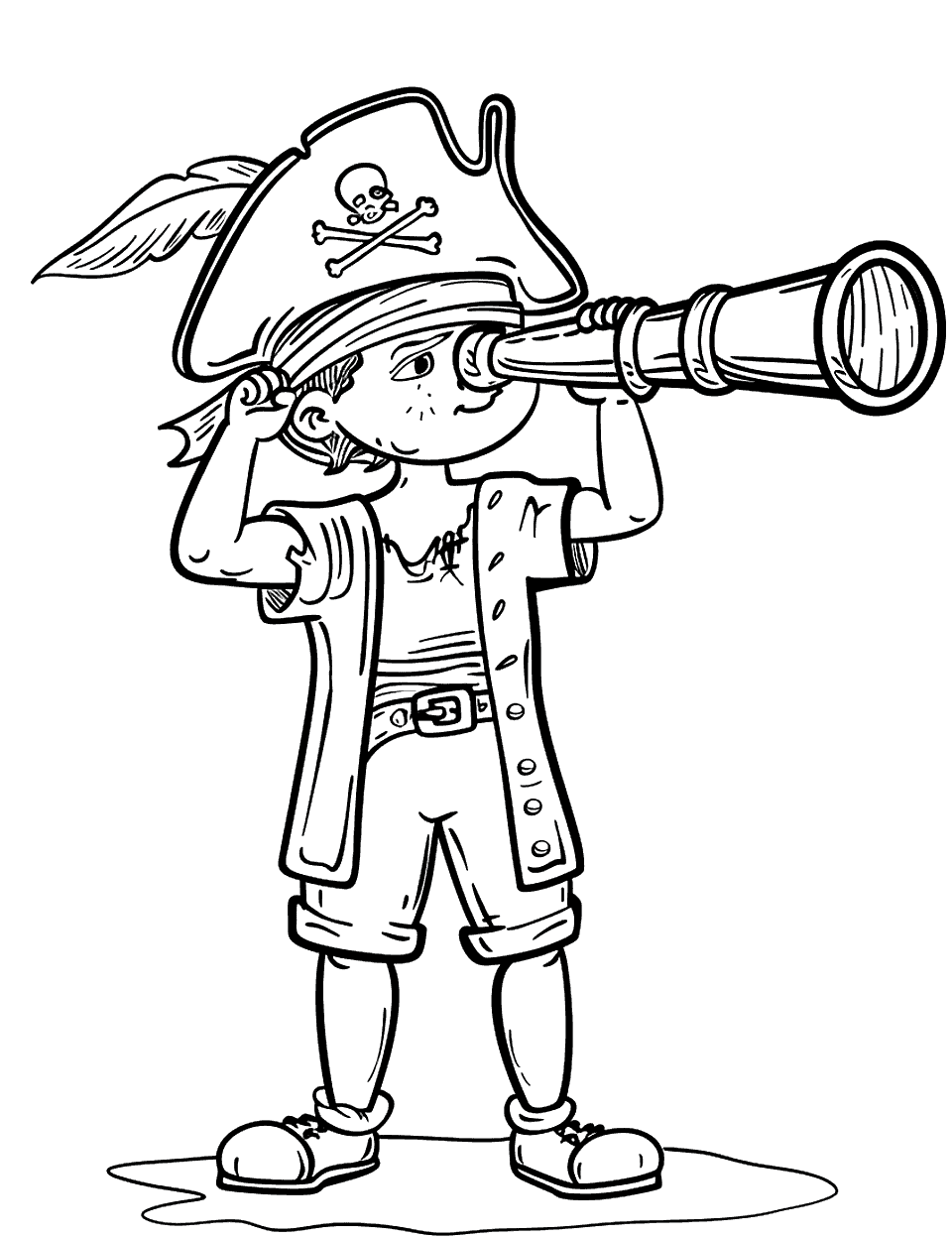 Boy Pirate and His Telescope Coloring Page - A boy pirate scanning the horizon with his telescope.