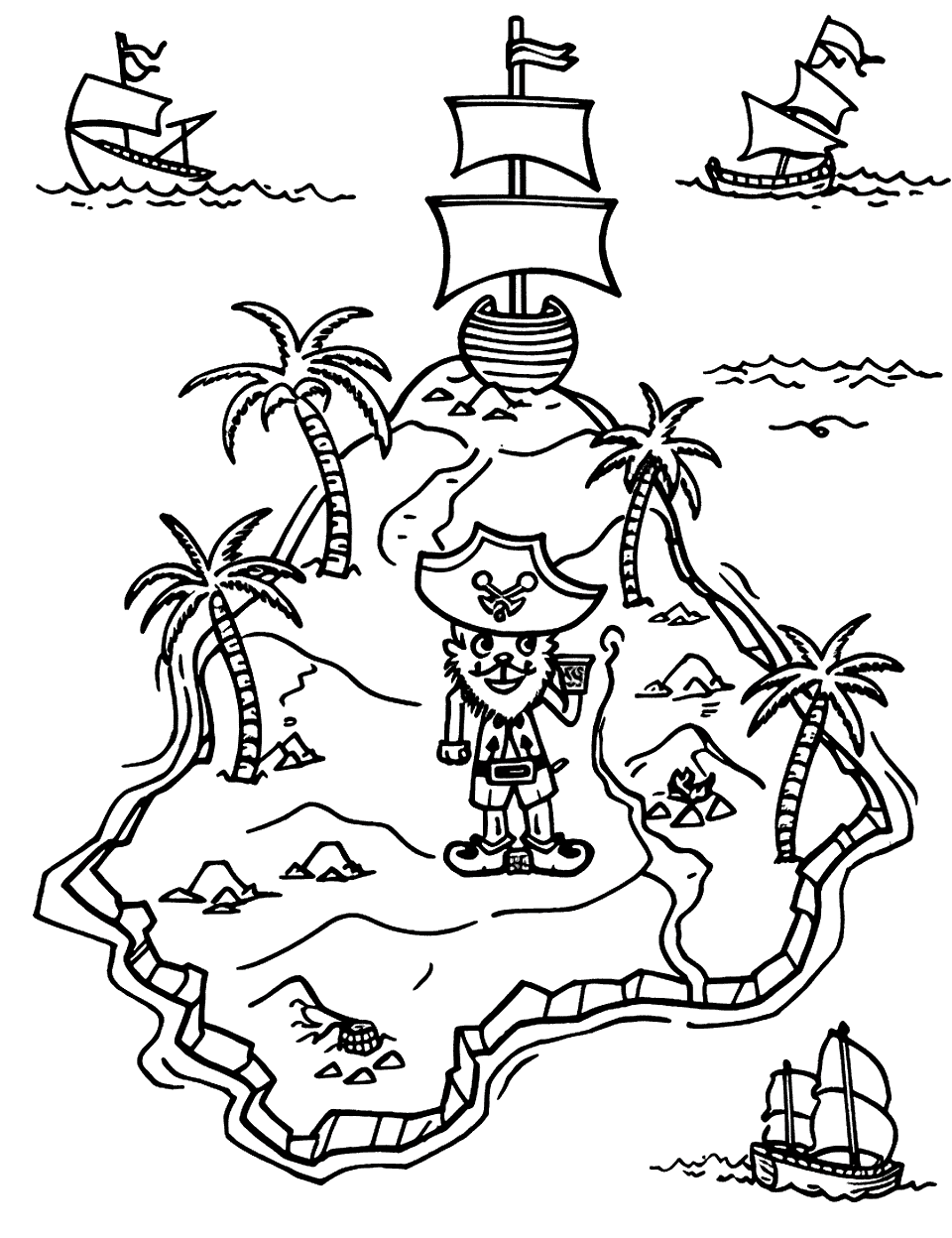 Treasure Map Adventure Pirate Coloring Page - A simple map of buried treasure on an island.