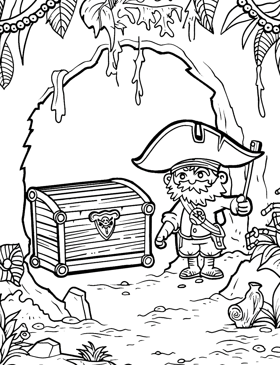 Hidden Pirate Treasure Coloring Page - A pirate finding a small hidden cave with a chest of treasure inside.