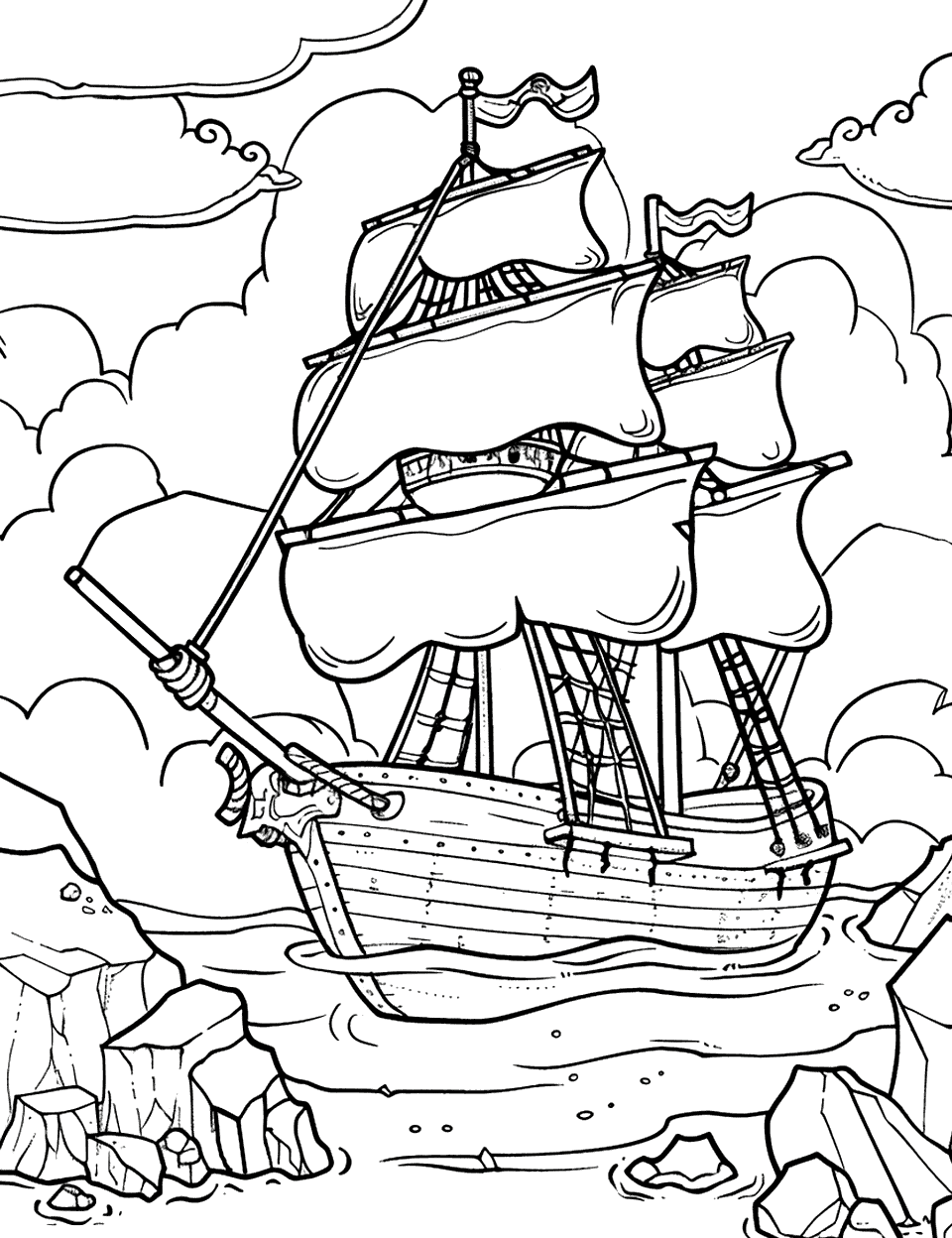 Sea Escape Pirate Coloring Page - A pirate ship skillfully navigating through rocks.