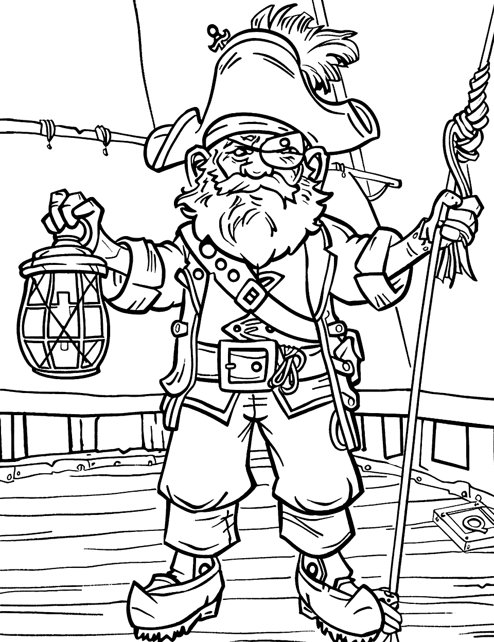 Pirate’s Lantern Night Pirate Coloring Page - A pirate holding a lantern on the deck of his ship.