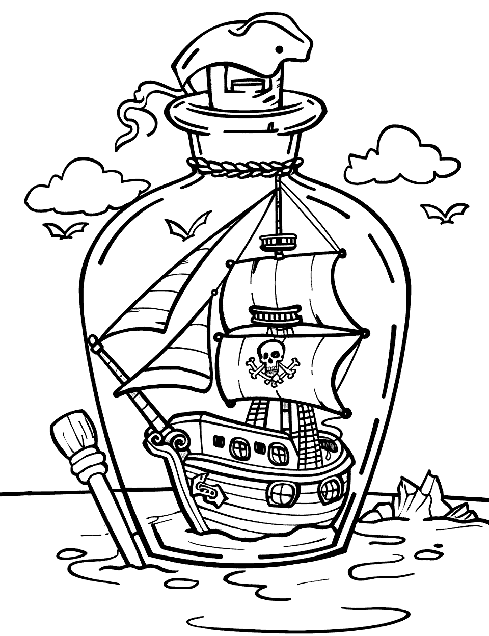 Pirate Ship in a Bottle Coloring Page - A magical scene of a tiny pirate ship inside a glass bottle.