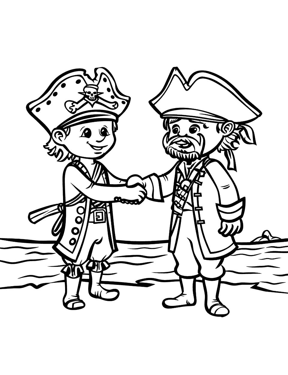 Friendly Pirate Handshake Coloring Page - Two pirates shaking hands on a beach, forming a truce.