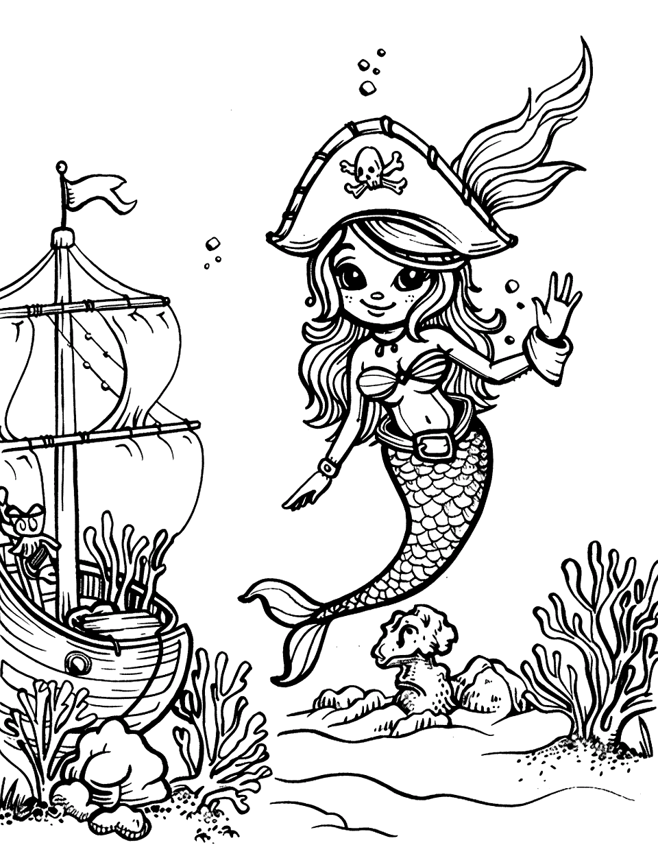 Mermaid Encounter Pirate Coloring Page - A pirate mermaid waving from her coral home.