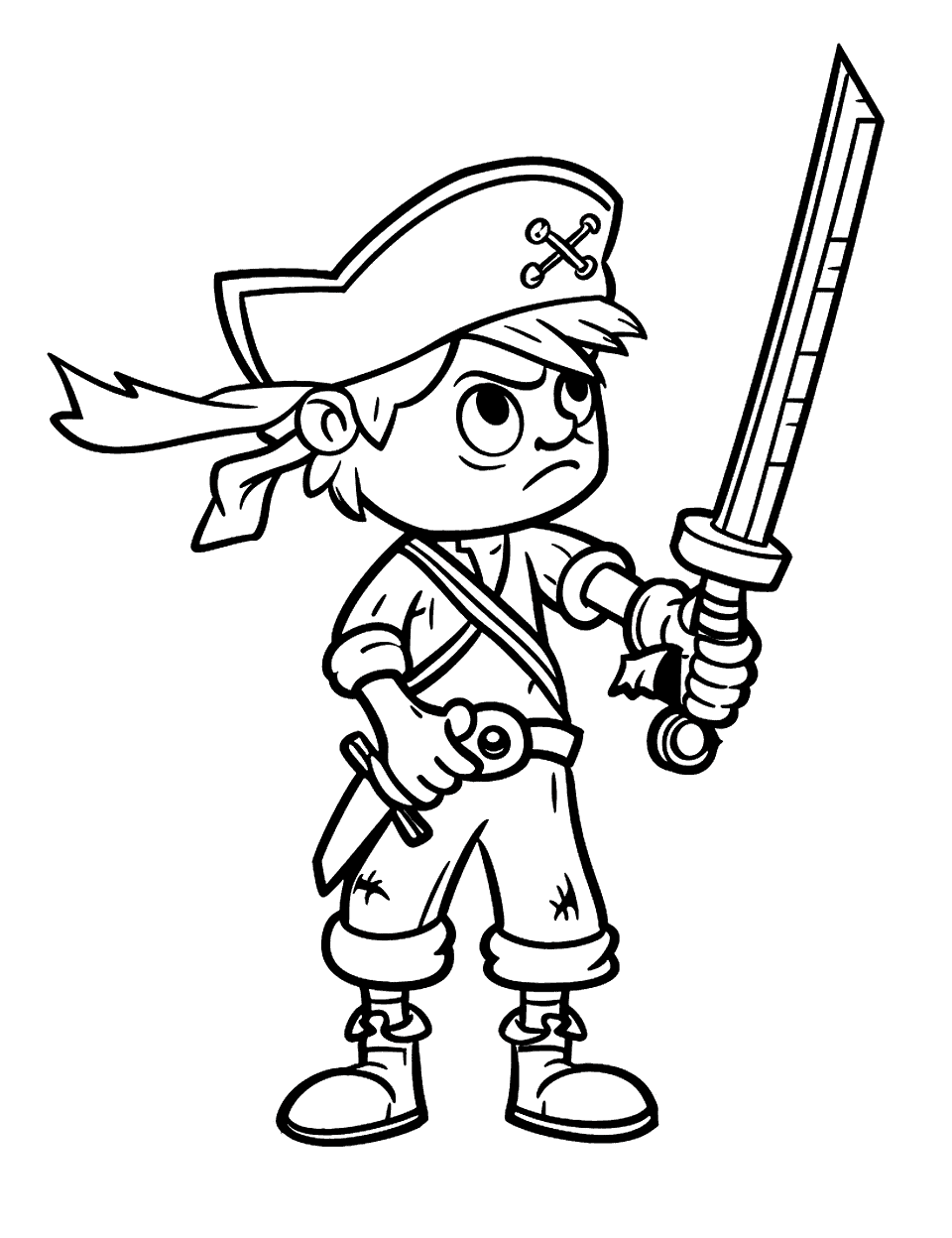 Boy Pirate’s Sword Practice Pirate Coloring Page - A boy pirate practicing with a wooden sword.