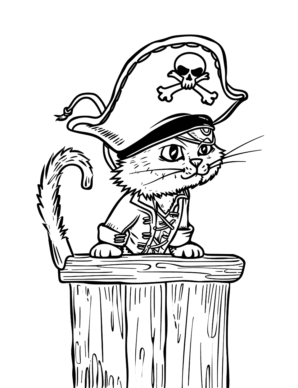 Ship’s Cat on the Lookout Pirate Coloring Page - A cat wearing a pirate hat, perched on the lookout.