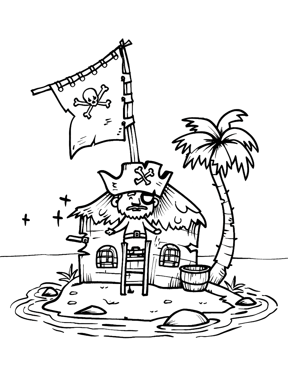Desert Island Survival Pirate Coloring Page - A pirate crafting a shelter on a small, palm-fringed island.