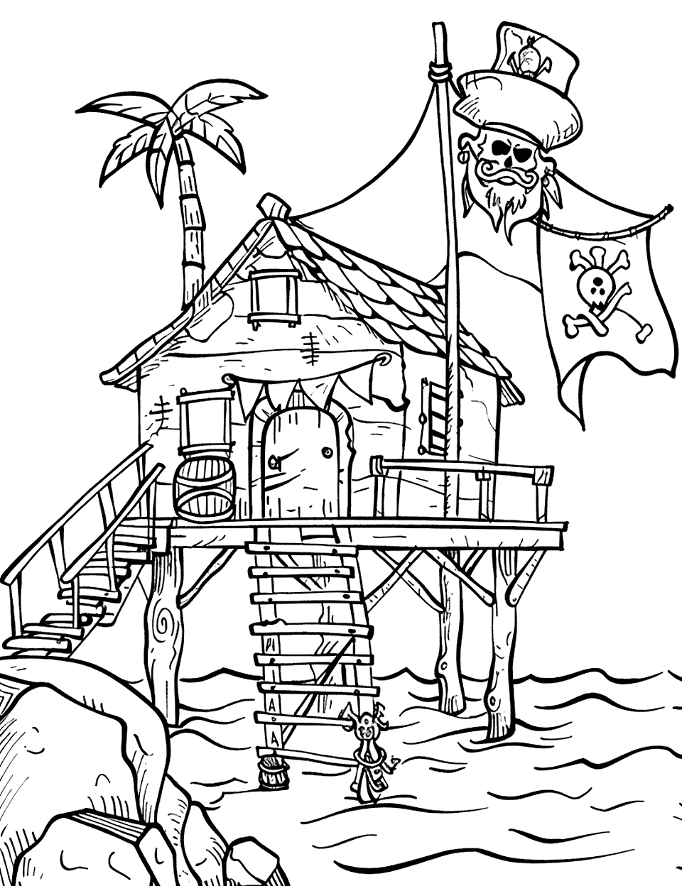 Caribbean Pirate Haven Coloring Page - A scenic view of a pirate hideout nestled in the Caribbean island.