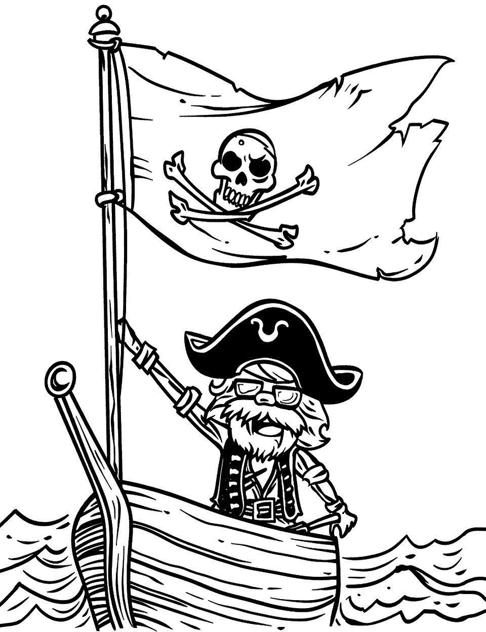 Jolly Roger Flag Pirate Coloring Page - A pirate flag waving in the wind atop a small boat.