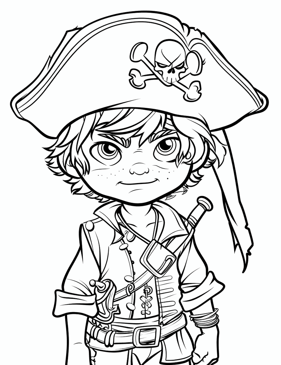 Pirate Kid’s First Voyage Coloring Page - A young boy dressed as a pirate ready for his first voyage.