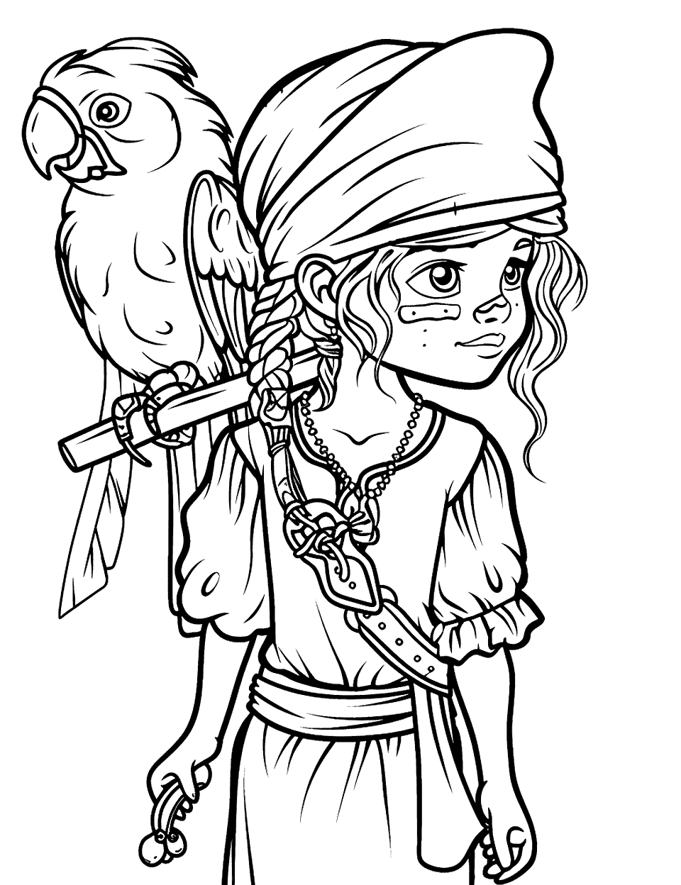 Girl Pirate and Her Parrot Coloring Page - A young girl pirate with a parrot on her shoulder.
