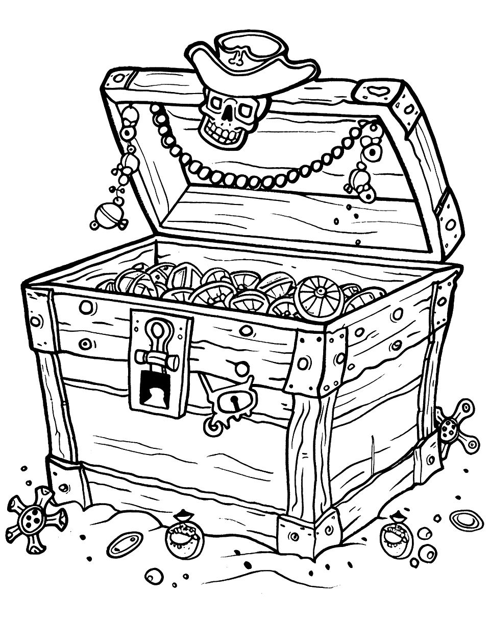 Treasure Chest Discovery Pirate Coloring Page - A treasure chest overflowing with gold and jewels, partially buried in sand.