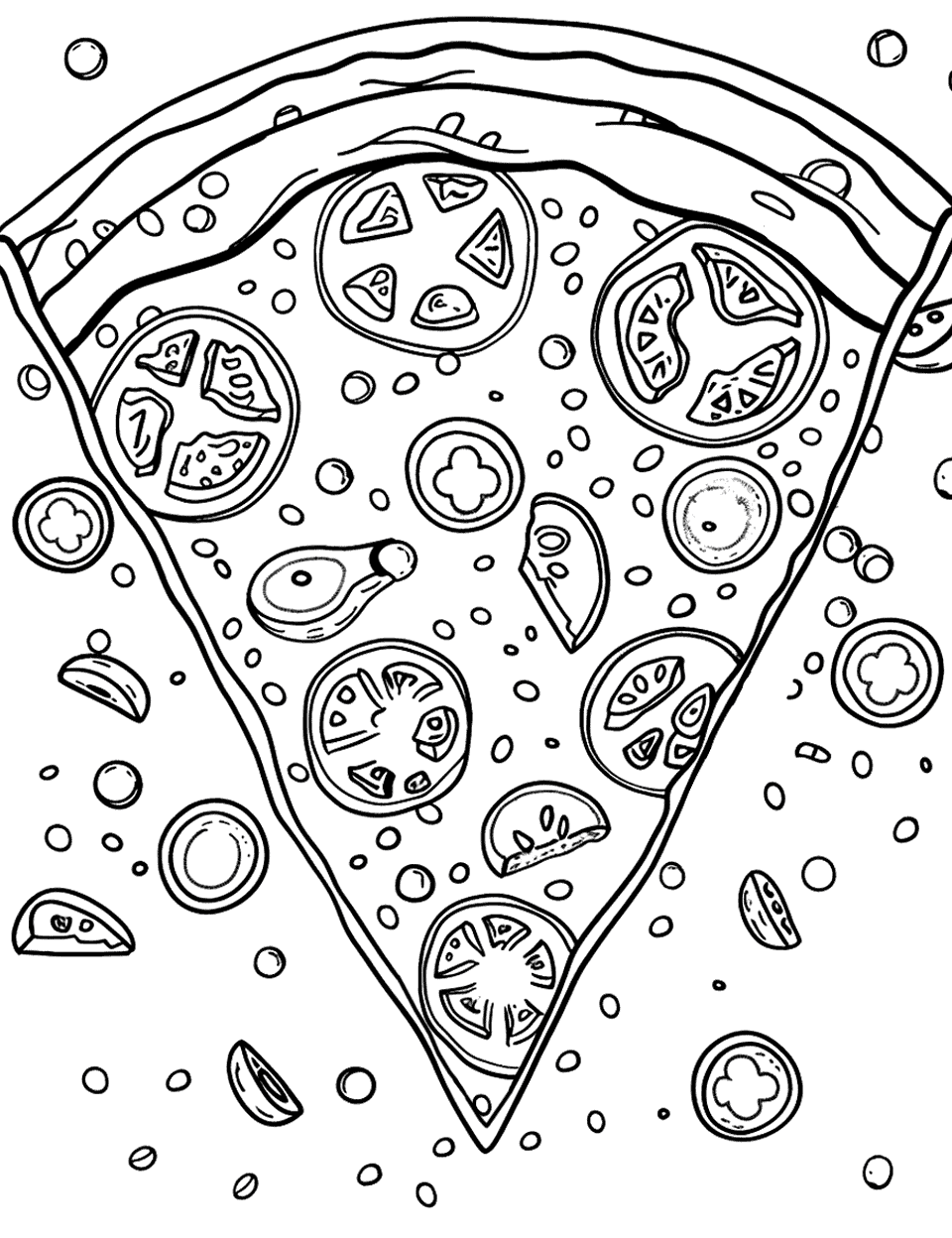 Pizza Slice Paradise Coloring Page - A large, cheesy pizza slice surrounded by various toppings around.