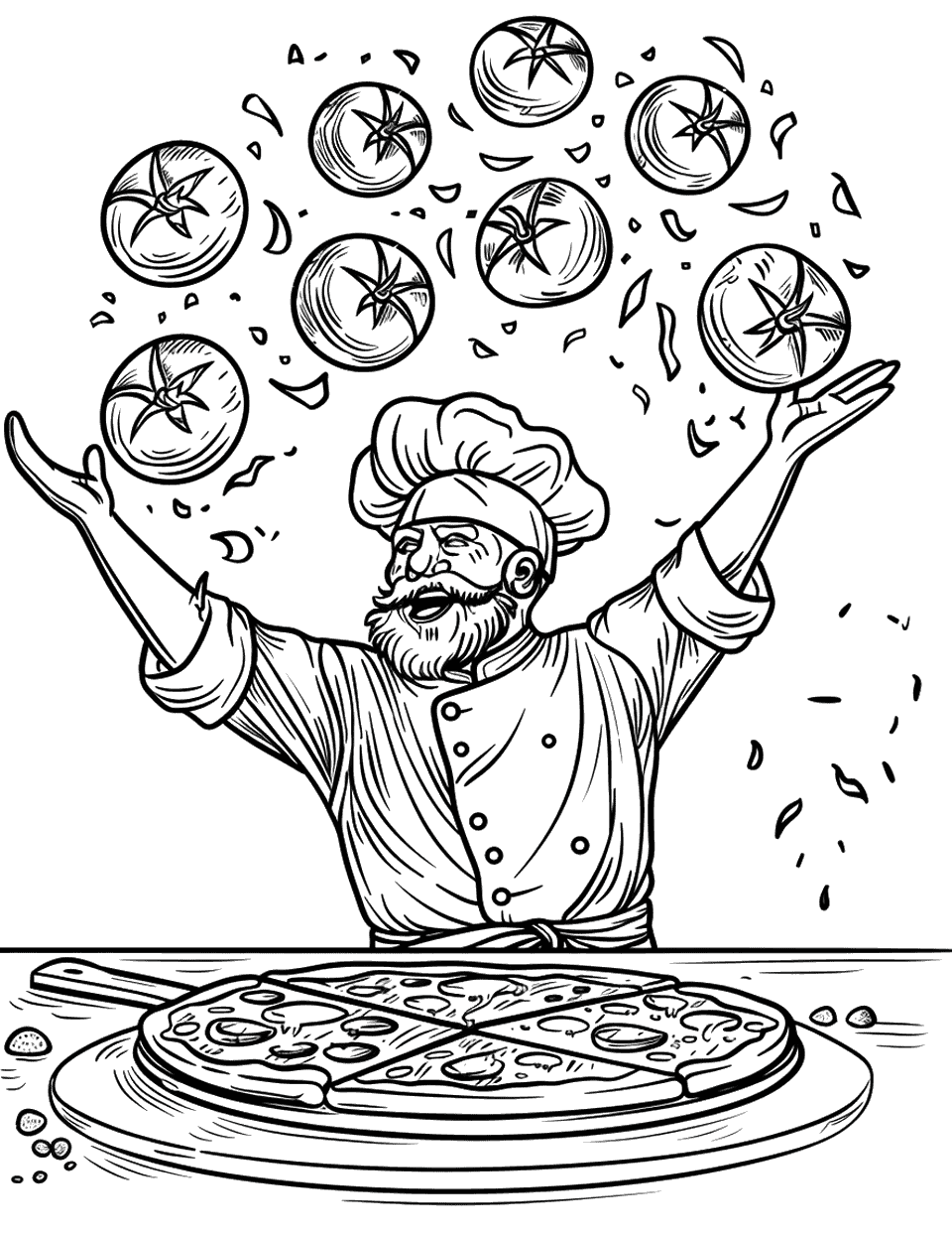 Tomato Toss Pizza Coloring Page - A cheerful chef throwing huge tomatoes up in the air, with a pizza base ready on the table.