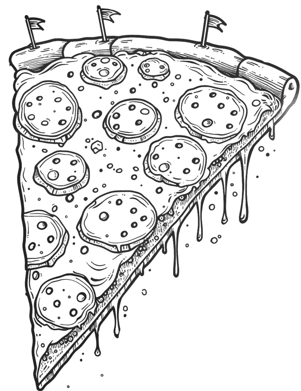 Cheese Drip Pizza Coloring Page - A slice of pizza with so much cheese that its dripping with little flags on top.