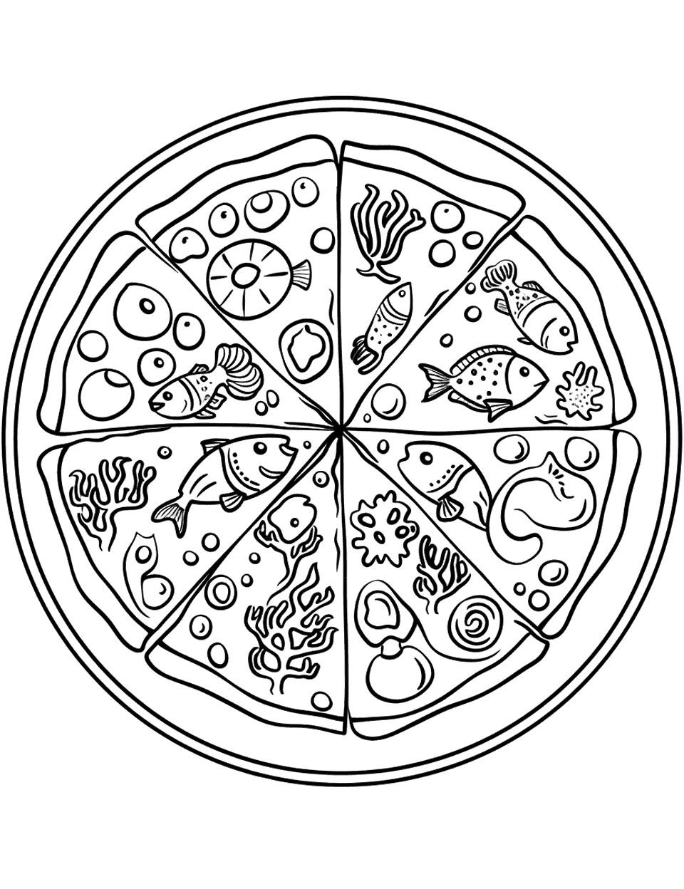 Sea Pizza Coloring Page - A pizza with fish and coral-shaped toppings.