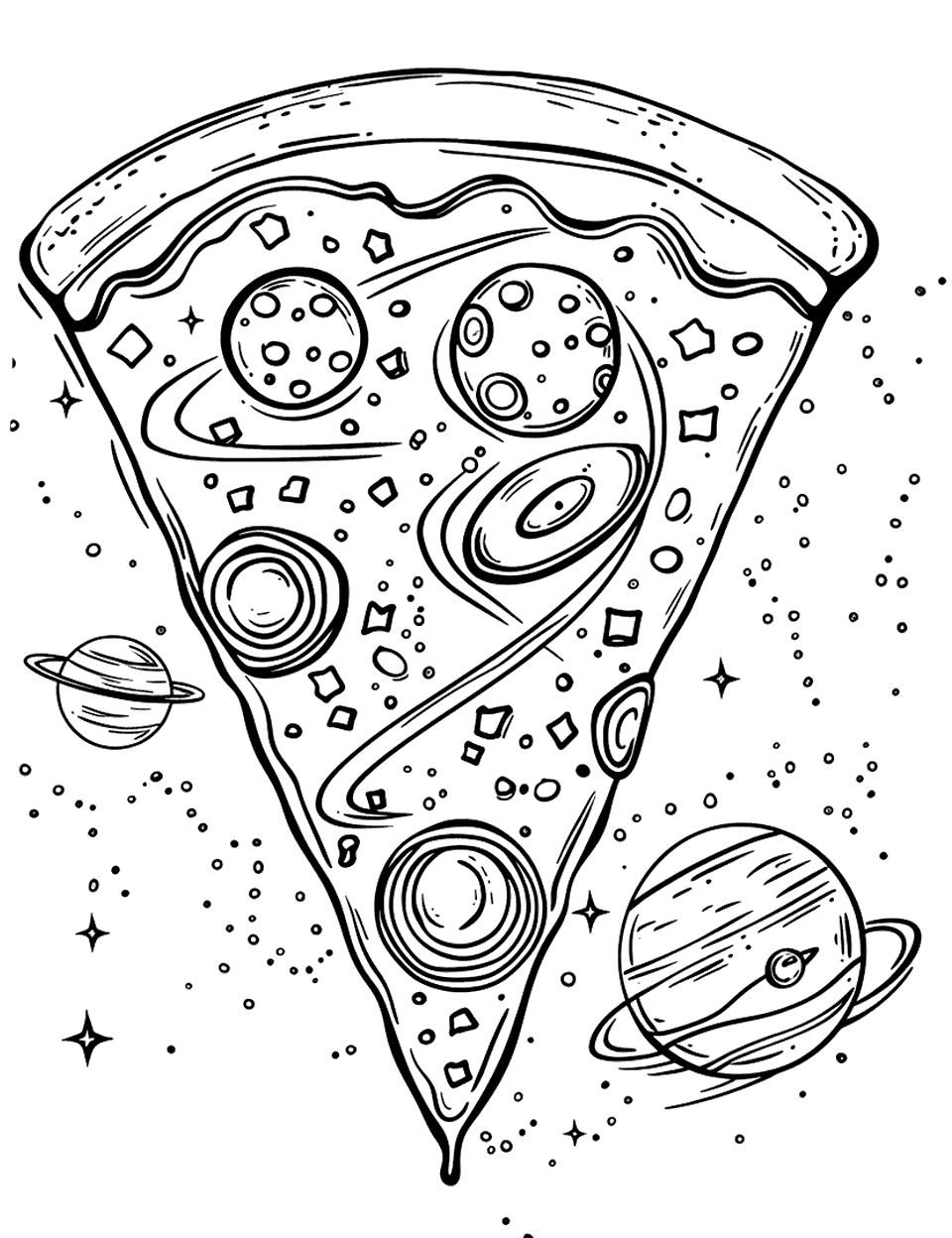 Space Pizza Coloring Page - A pizza slice made of various space themed toppings and food grade planets floating around it.