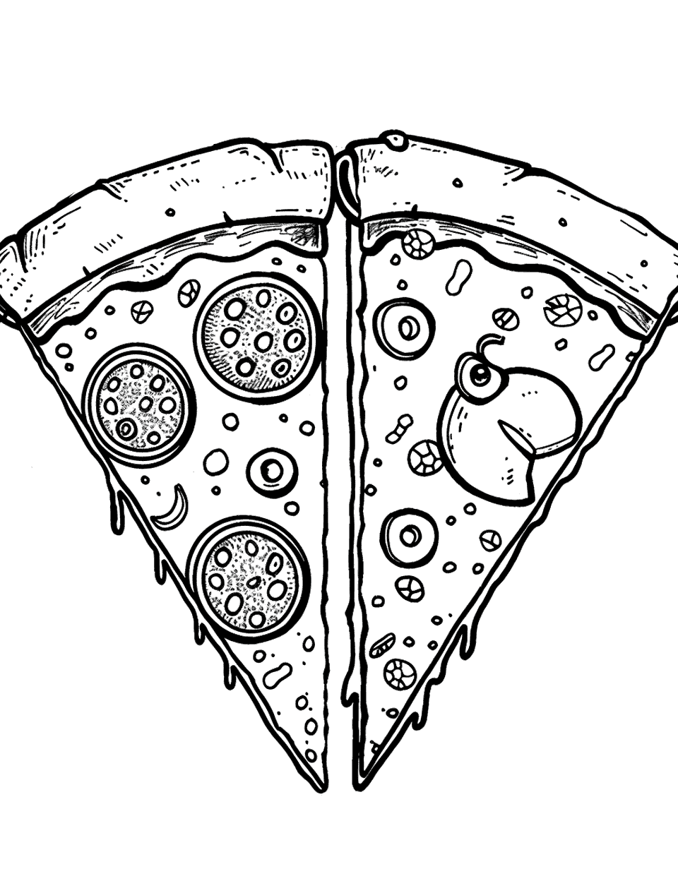 Pizza Slices Coloring Page - Two pizza slices with one being pepperoni and the other vegetarian.