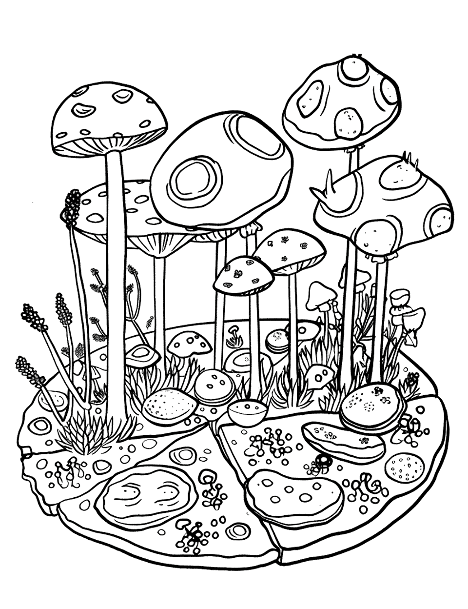 Pizza Garden Coloring Page - A garden where pizza toppings grow like plants, with tomatoes, peppers, and mushrooms.