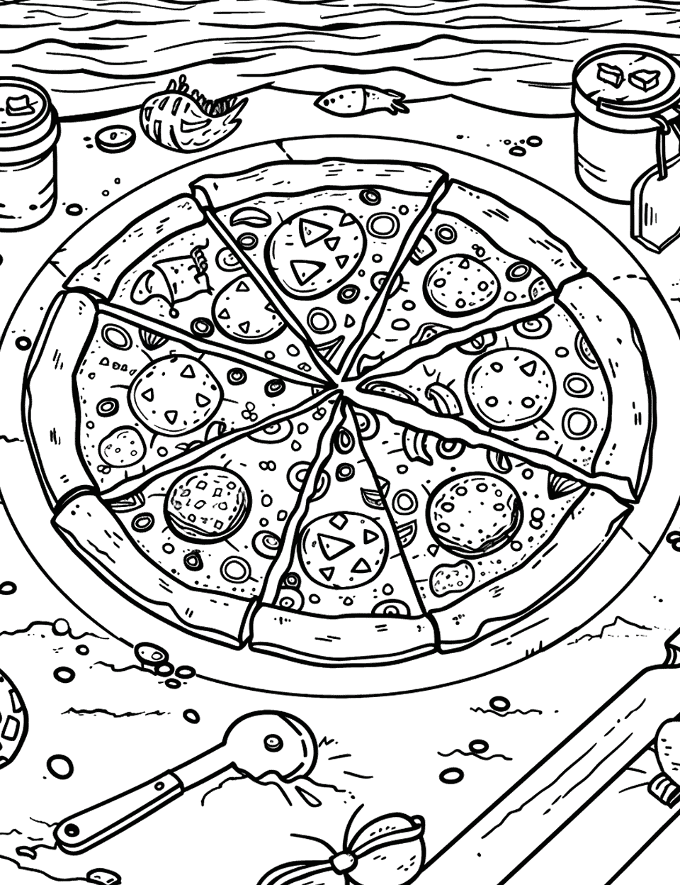 Pizza on the Beach Coloring Page - A picnic scene on the beach with a pizza in the center, surrounded by drinks and the pizza cutter.