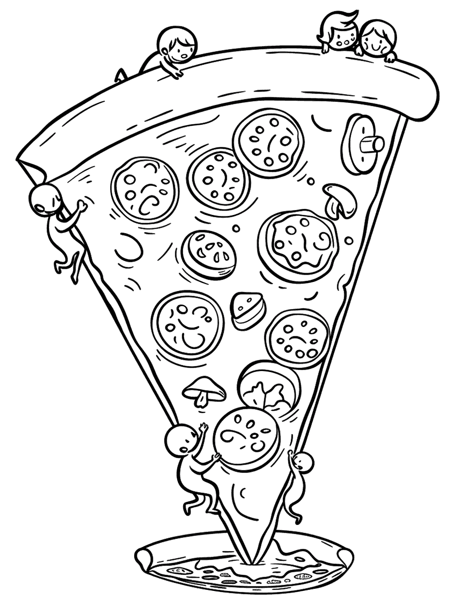 Pizza Slice Slide Coloring Page - Kids hanging onto a giant pizza slice.