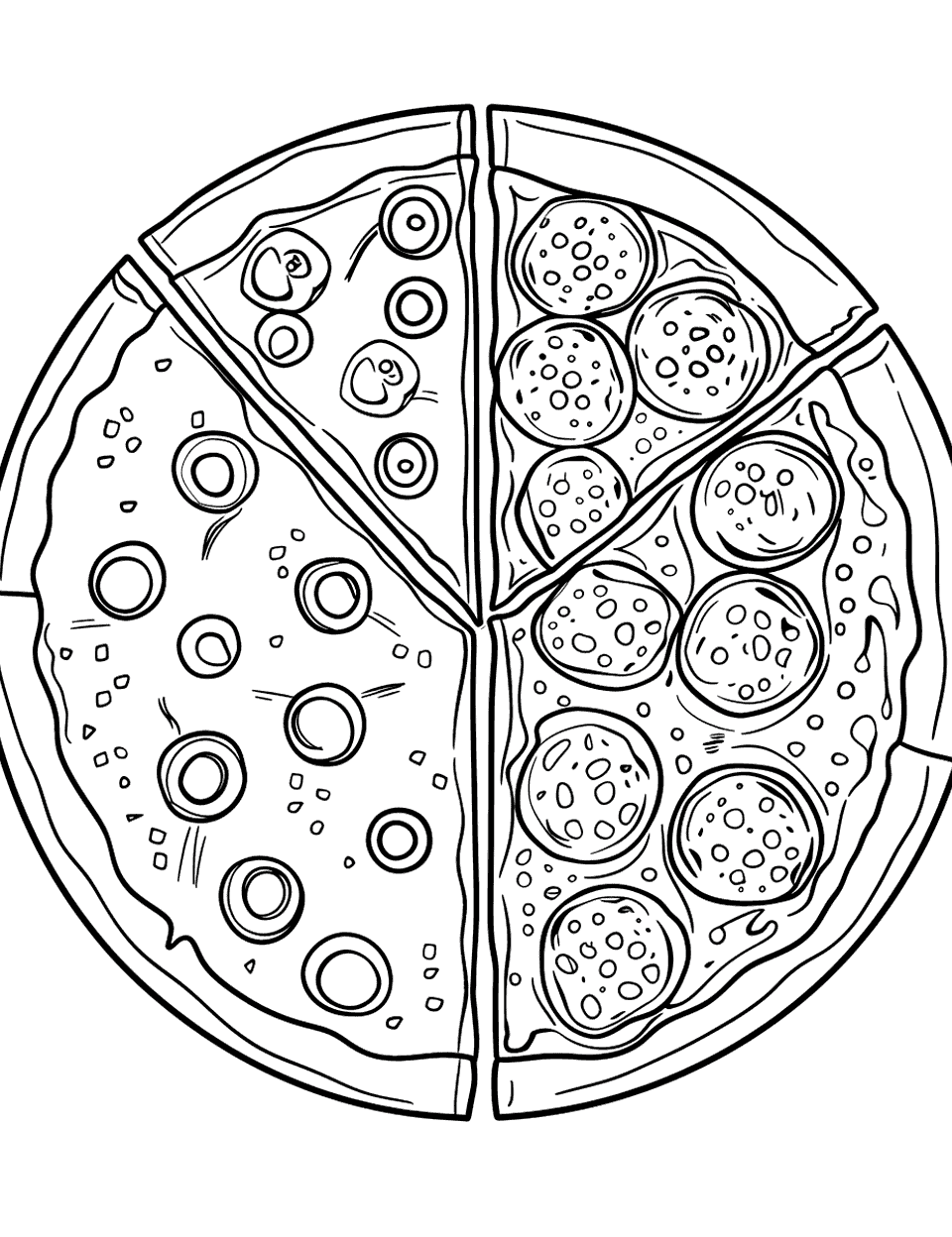 Half and Harmony Pizza Coloring Page - A pizza that is half cheese and half pepperoni, showing the contrast.