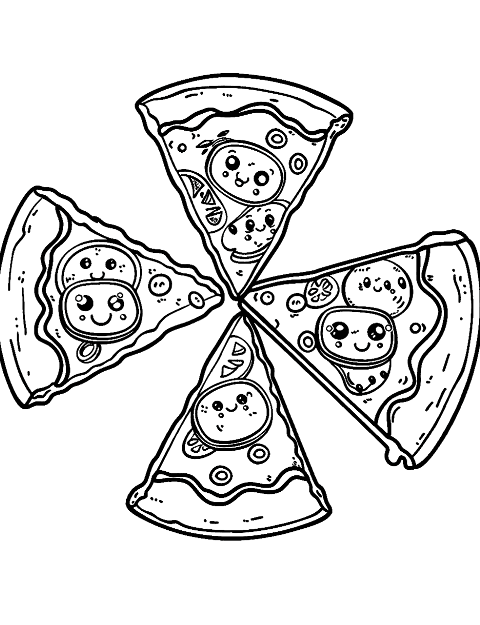 Kawaii Pizza Party Coloring Page - Several cute pizza slices with faces, each having slight different toppings.