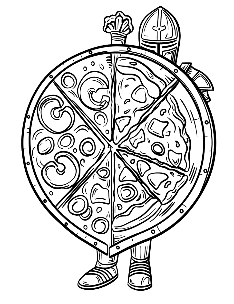 Pizza Knight's Shield Coloring Page - A knight holding a big shield designed like a pizza.