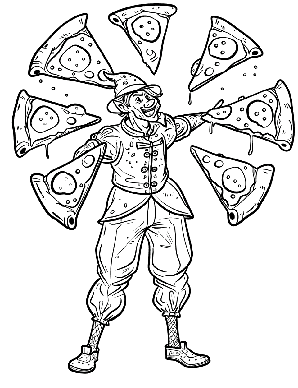 Pizza Juggling Jester Coloring Page - A jester juggling pizza slices instead of balls.