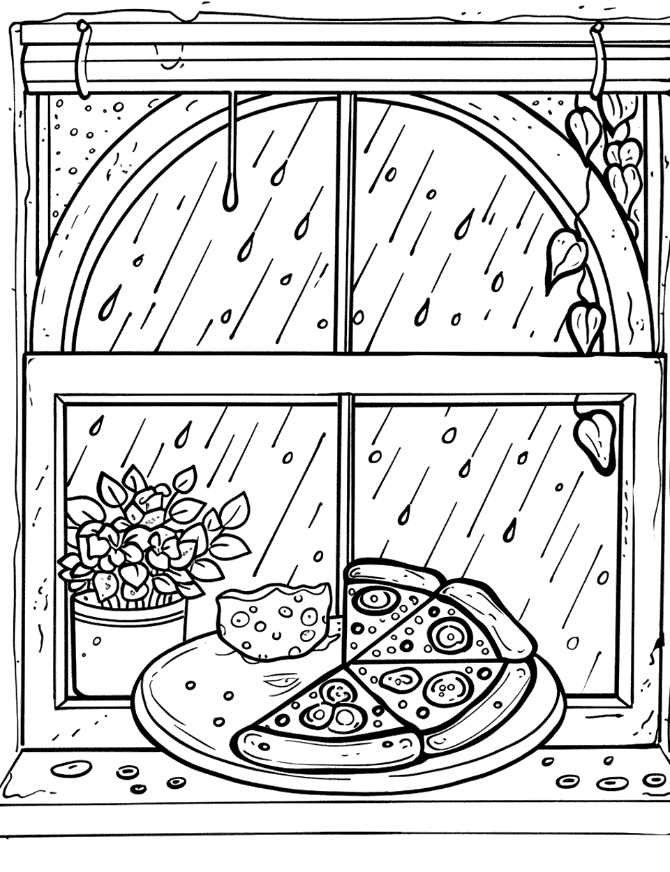 Rainy Day Pizza Coloring Page - A window scene with rain outside and a cozy pizza slices on the windowsill.