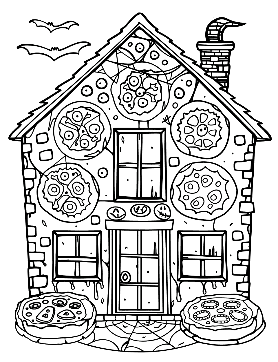 Haunted Pizza House Coloring Page - A haunted house scene with pizza-themed decorations like cheese cobwebs.
