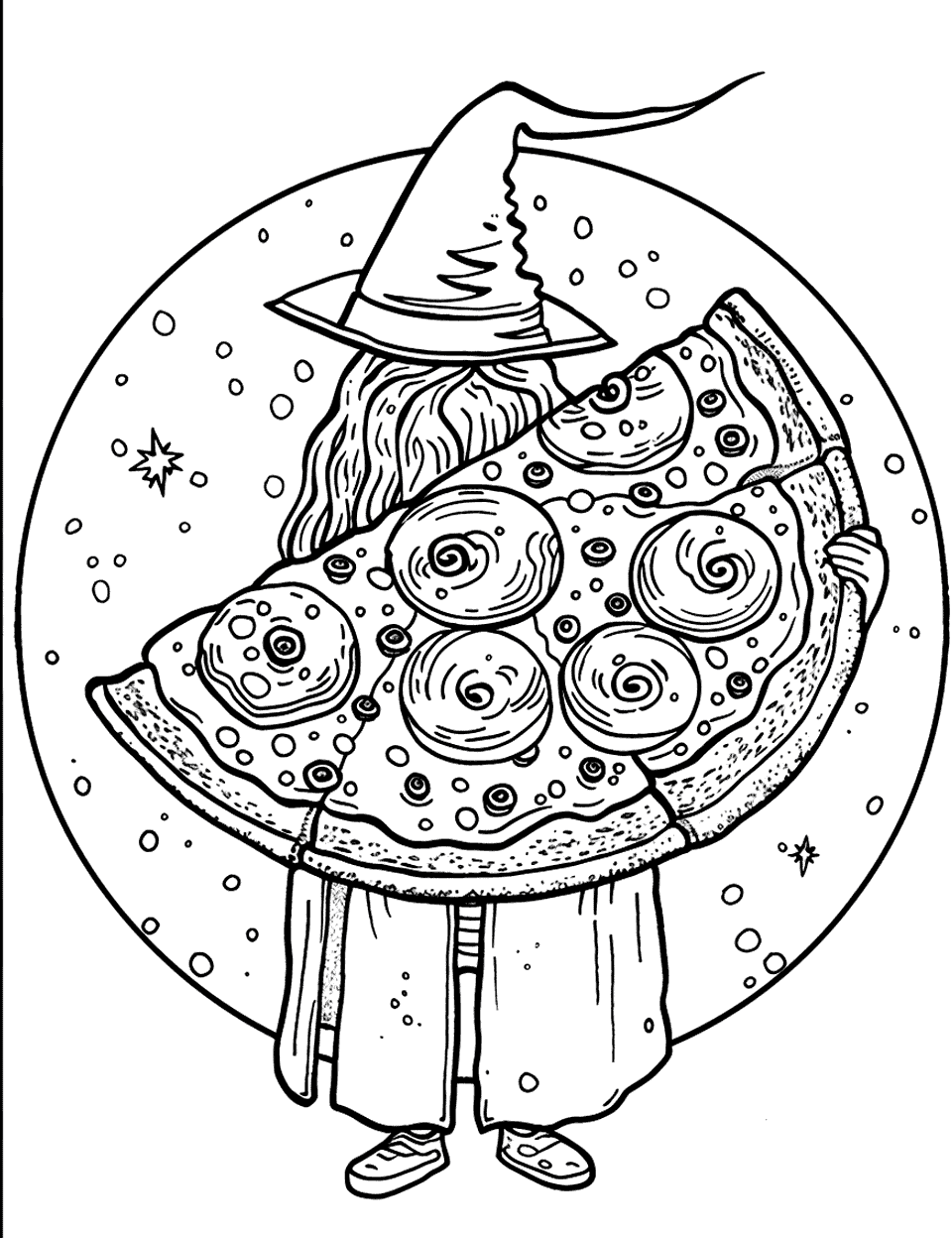 Magic Pizza Wizard Coloring Page - A wizard holding a huge pizza slice made with magic spell.