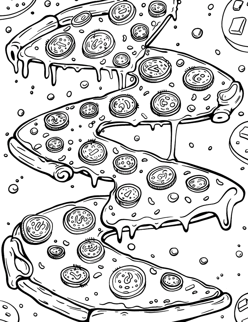 Cheesy Pizza River Coloring Page - A river made of melted cheese with pizza slices.