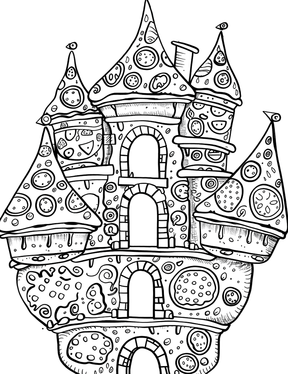 Pizza Castle Fantasy Coloring Page - A fantasy castle made entirely out of pizza ingredients.