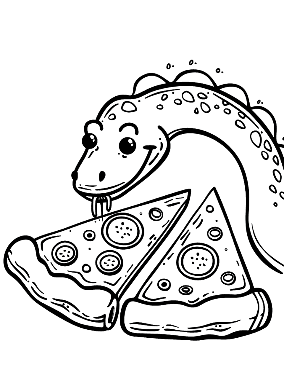 Dinosaur Eating Pizza Coloring Page - A friendly dinosaur enjoying a large pizza slice.