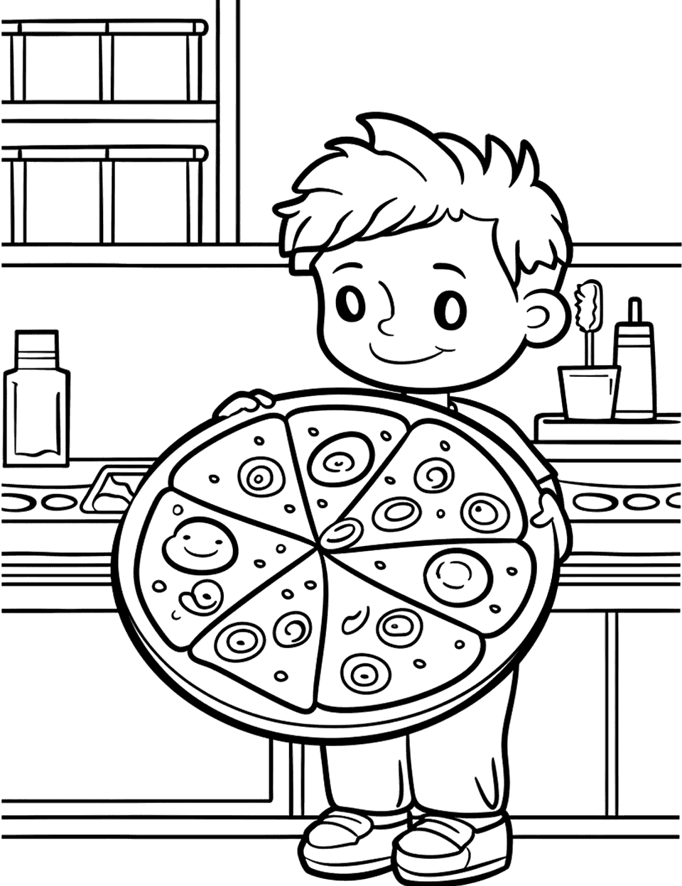 Little Chef's First Pizza Coloring Page - A kid proudly holding a pizza they just made, standing next to a kitchen counter.