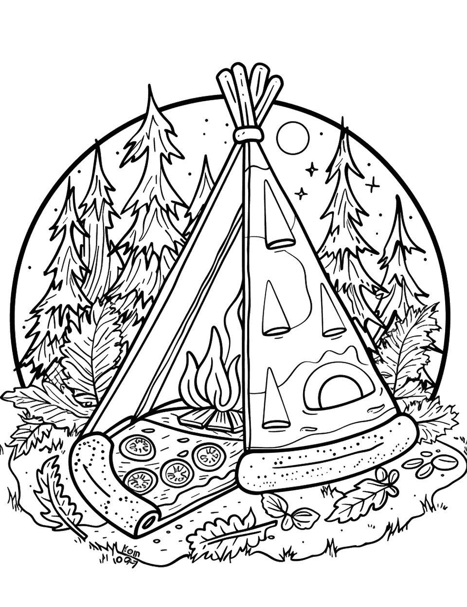 Pizza Slice Camping Coloring Page - A family camping scene with a tent shaped like a pizza slice and a campfire.